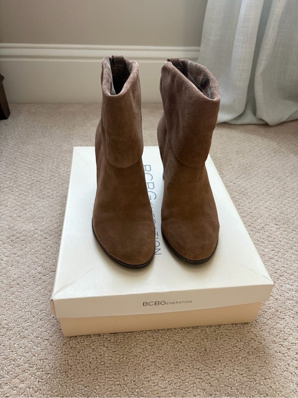 BCBGeneration Taupe Suede Ankle Booties